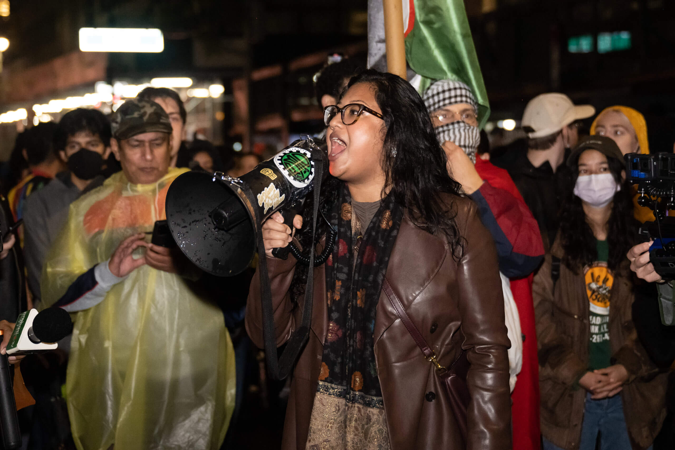 City Council Member Shahana Hanif speaks at a pro-Palestinian protest outside U.S. Sen. Kirsten Gillibrand's office in Manhattan