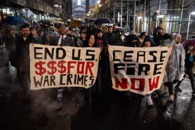 Pro-Palestinian protesters, led by several New York elected officials march to U.S. Sen Gillibrand's office in Manhattan on Oct. 20, 2023.