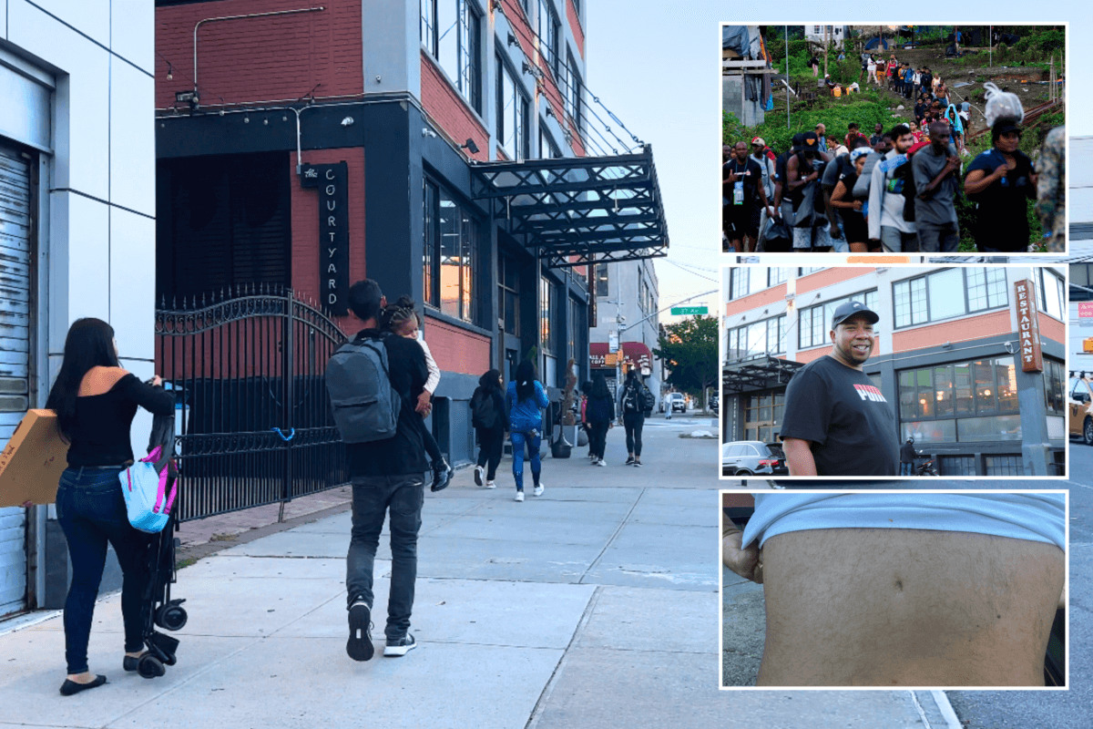 Many immigrants are staying at a shelter in Long Island City, which was formerly the Paper Factory Hotel. Photos include immigrants outside the hotel; immigrants making the journey to the U.S., Argenis Arteaga from Venezuela; and the back of an immigrant called Carlos who was shot in back (Photos by Michael Dorgan and AP)