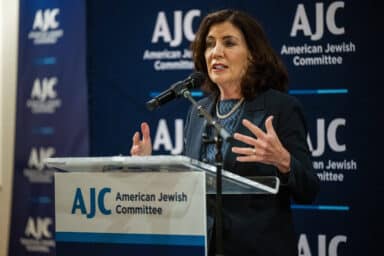 Gov. Kathy Hochul delivers remarks at the American Jewish Committee Board of Governors meeting on Sunday.