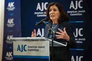 Gov. Kathy Hochul delivers remarks at the American Jewish Committee Board of Governors meeting on Sunday.