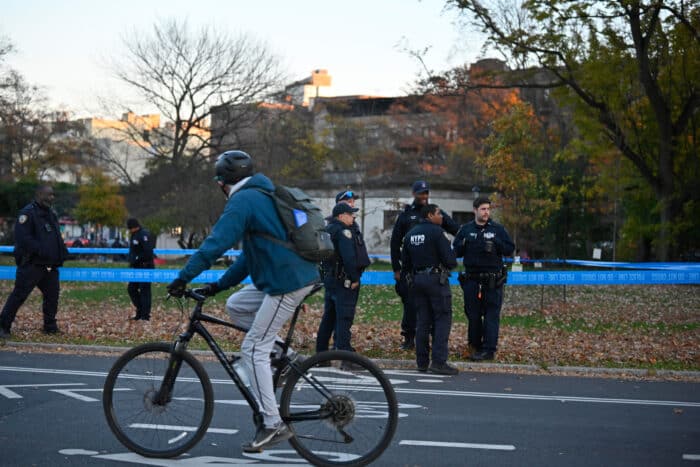 Park-goers look on as police investigate the scene in Prospect Park.