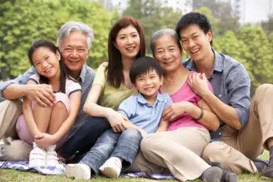 Portrait Of Multi-Generation Chinese Family Relaxing In Park