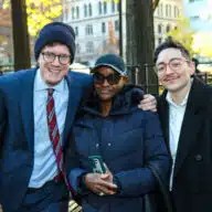 Mother of exonerated Wayne Gardine with Legal Aid Society lawyers following Harlem murder conviction exoneration.