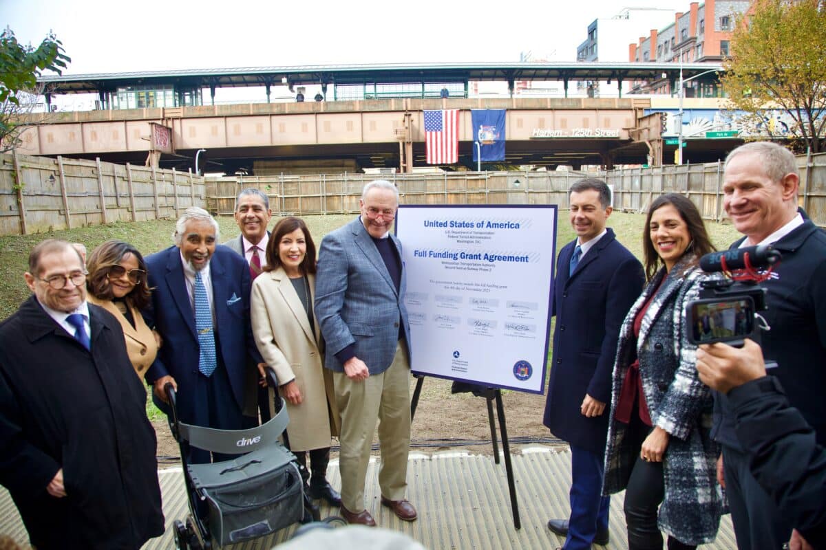 Transportation Secretary Pete Buttigieg with New York pols hailing funding for the Second Avenue subway