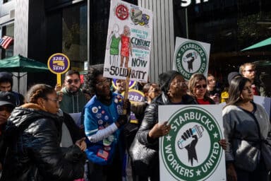 32NJ SEIU and SAG AFTRA joined Starbucks baristas in solidarity at a strike demanding fair pay and better working conditions.