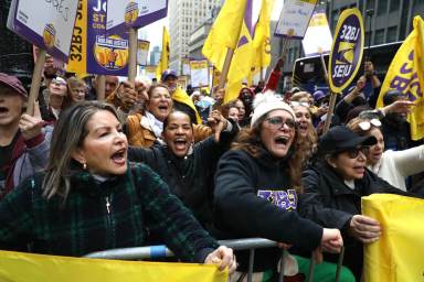 Workers represented by the Service Employees International Union (32BJ SEIU) rallied earlier this year for a new contract, ahead of their current deal expiring on Dec. 31.