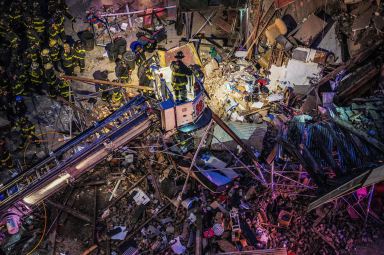 Firefighters at major building collapse in the Bronx