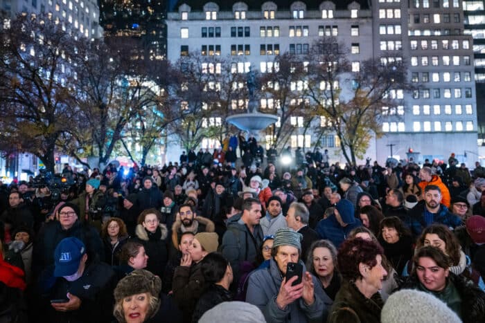 Hundreds of New Yorkers gathered at Grand Army Plaza on Central Park South for the lighting ceremony on the first night of Hanukkah.