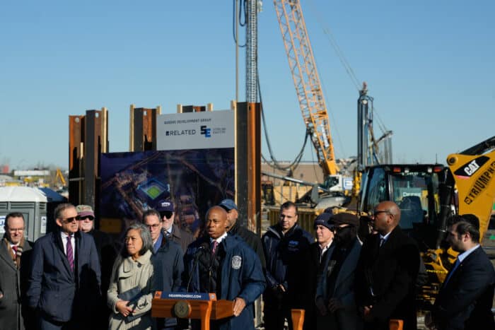 Mayor Eric Adams speaks at the groundbreaking ceremony in Willets point.