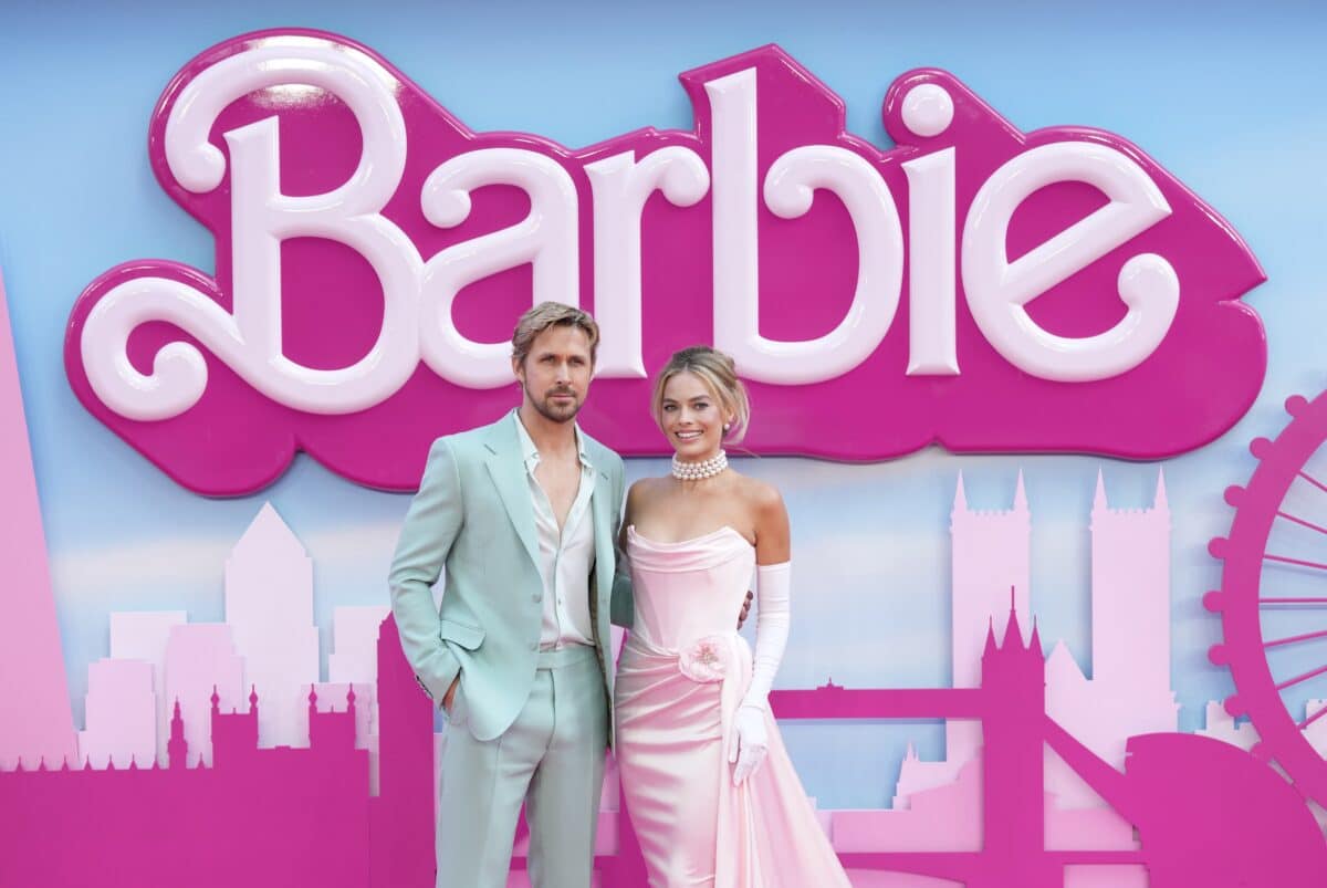 Ryan Gosling, left, and Margot Robbie pose for photographers upon arrival at the premiere of the film 'Barbie' on July 12, 2023, in London.