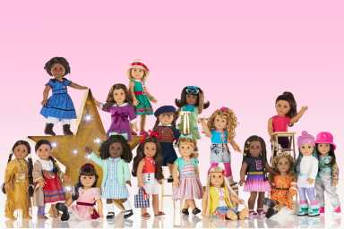 This image shows a variety of American Girl dolls.