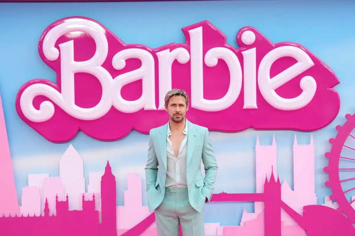 Ryan Gosling poses for photographers upon arrival at the premiere of the "Barbie" movie, July 12, 2023, in London.