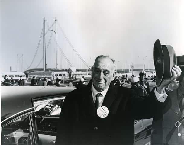 Subject of The Power Broker, Robert Moses, at opening of the Verrazzano Narrows Bridge in 1964