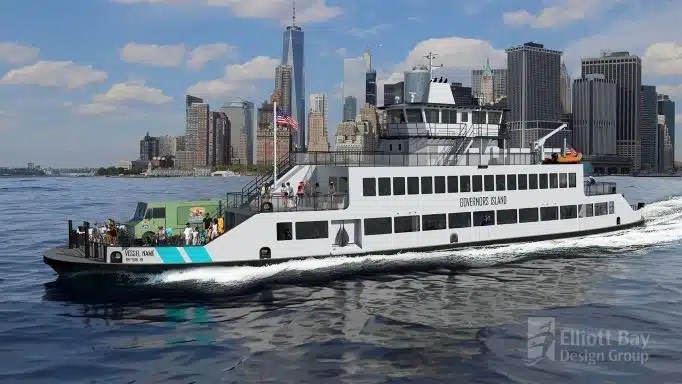 The coming hybrid-electric ferry will transport passengers to Governors Island beginning next summer.