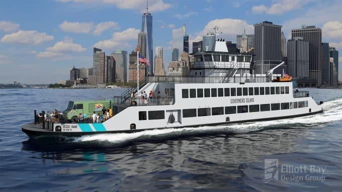 The coming hybrid-electric ferry will transport passengers to Governors Island beginning next summer.