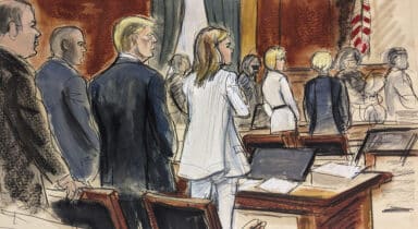 In this courtroom sketch, prospective jurors file into the courtroom as Donald Trump, third left, stands surrounded by his defense team. Alina Habba, fourth left, Trump's lead defense attorney, stands beside him. E. Jean Carroll, background second from right, stands with her attorney Roberta Kaplan, Tuesday, Jan. 16, 2024, in New York.