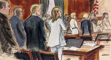 In this courtroom sketch, prospective jurors file into the courtroom as Donald Trump, third left, stands surrounded by his defense team. Alina Habba, fourth left, Trump's lead defense attorney, stands beside him. E. Jean Carroll, background second from right, stands with her attorney Roberta Kaplan, Tuesday, Jan. 16, 2024, in New York.