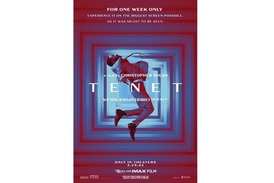 This image provided by Warner Bros. Pictures shows promotional art for the film "Tenet." The film, directed by Christopher Nolan, will return to theaters for one week on large format screens, including 70MM IMAX, starting Feb. 23.