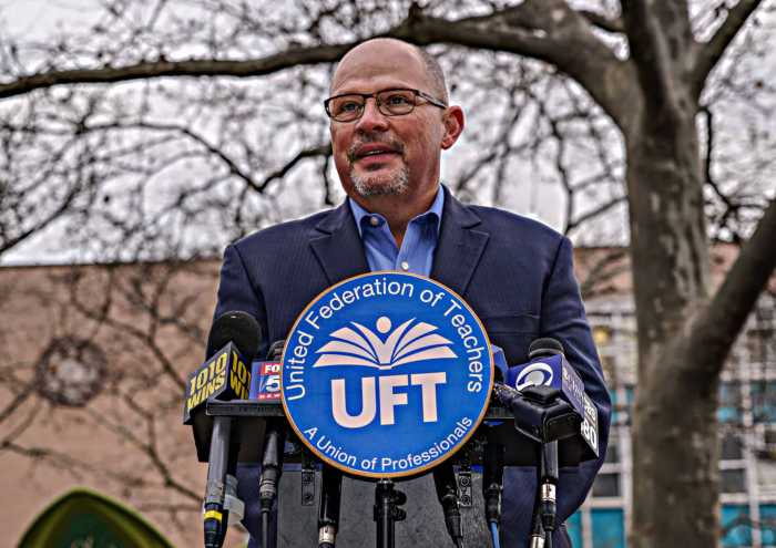 Michael Mulgrew of the UFT at a podium