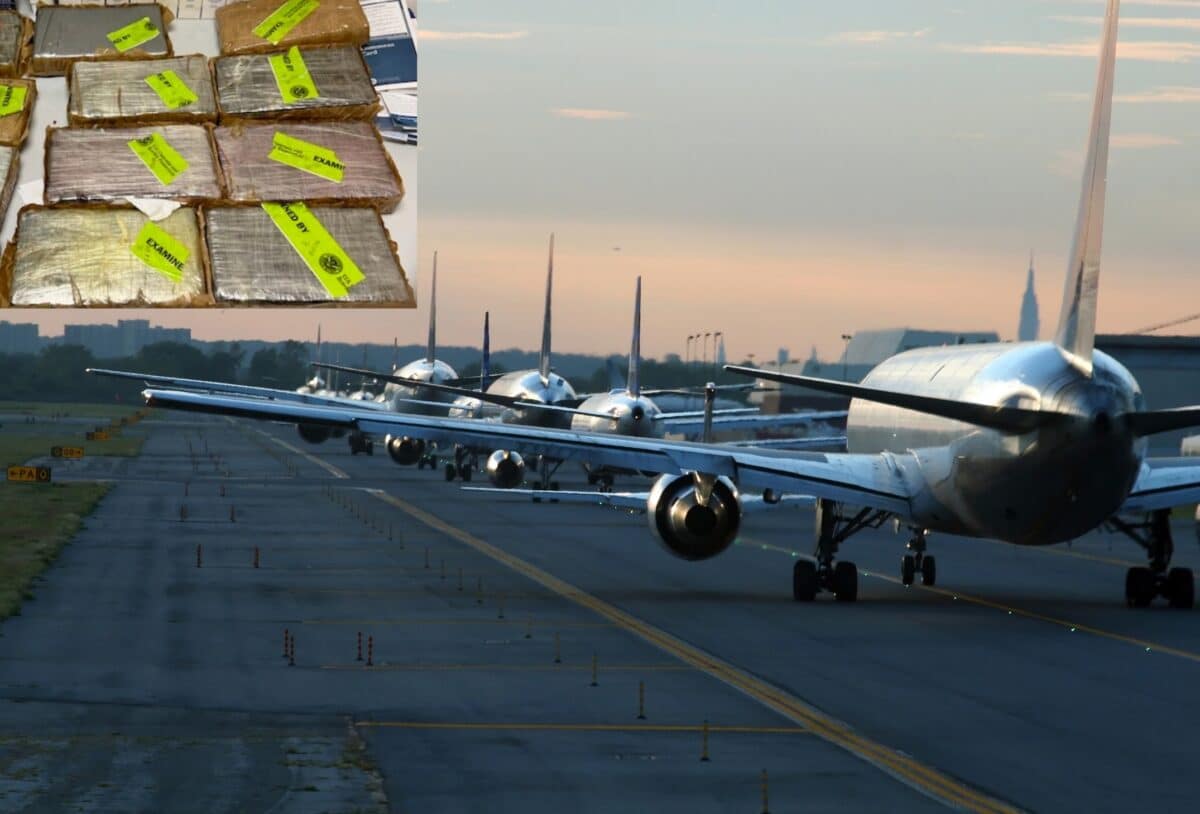 Cocaine packages inset against lineup of planes at JFK Airport