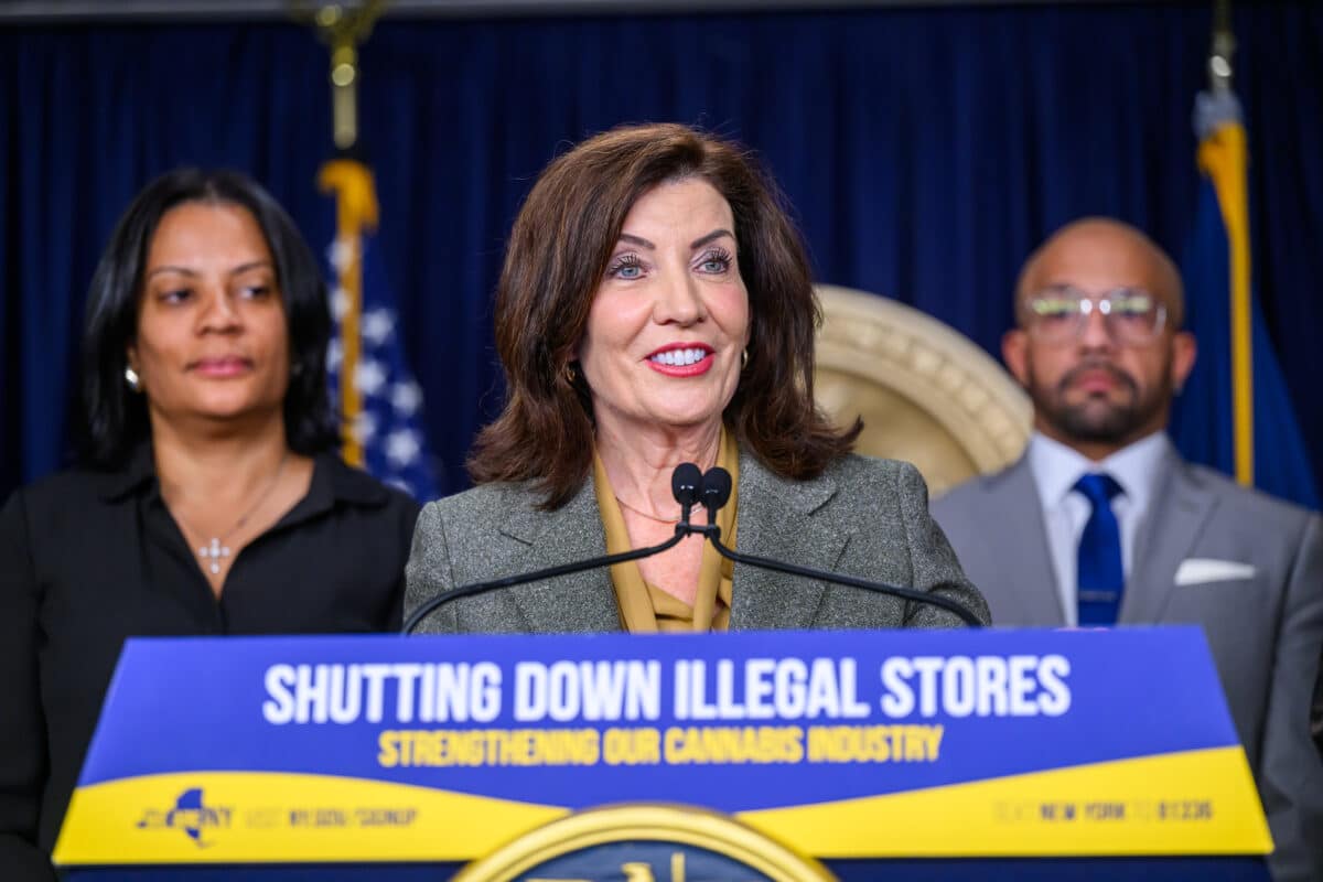 Gov. Kathy Hochul at a press conference on Wednesday talked about shutting down illegal cannabis shops.