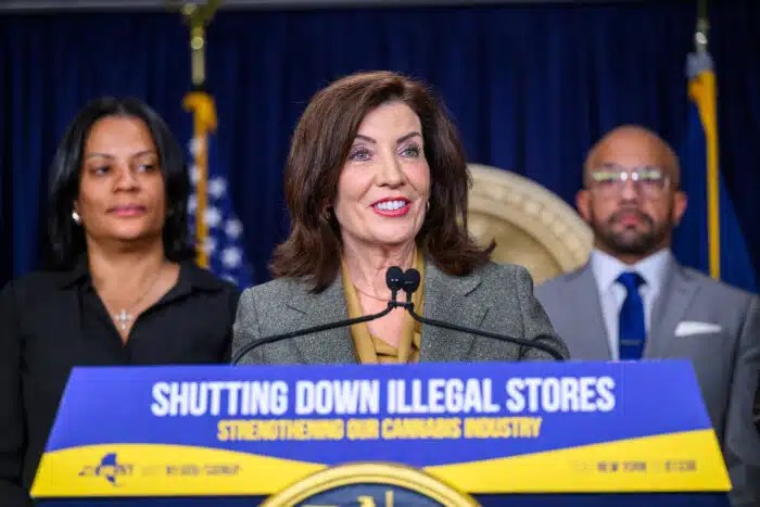 Gov. Kathy Hochul at a press conference on Wednesday talked about shutting down illegal cannabis shops.