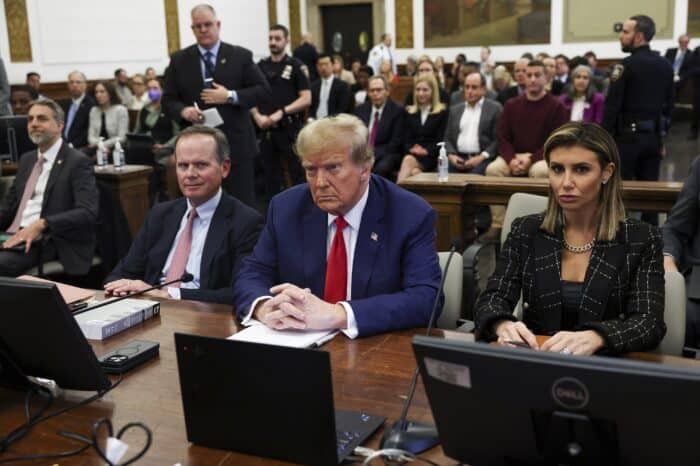Former U.S. President Donald Trump, with lawyers Christopher Kise and Alina Habba, attends the closing arguments in the Trump Organization civil fraud trial at New York State Supreme Court in the Manhattan borough of New York, Jan. 11, 2024.