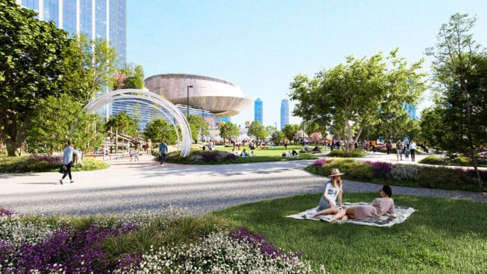 A rendering of the public park that would accompany the development. 