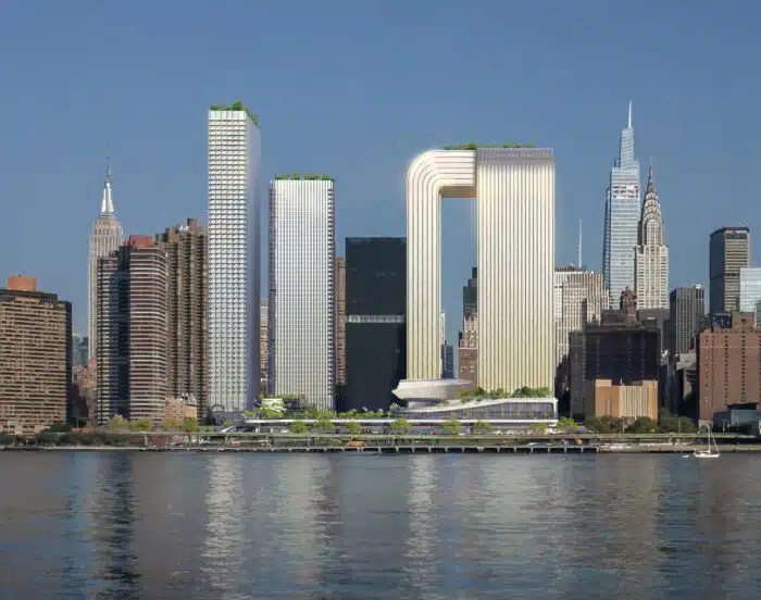 A rendering of Bjarke Ingels Group’s plans for Freedom Plaza, which would feature four new towers atop a sprawling waterfront park on the East Side of Manhattan.