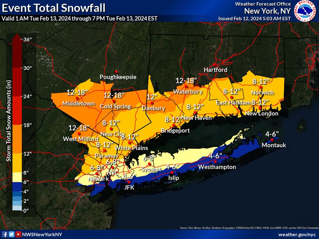 Snow forecast for NYC area in winter storm