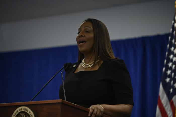 Attorney General Letitia James speaks at a Friday evening press conference following the ruling against Donald Trump.