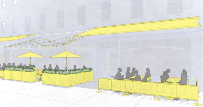 A rendering of a compliant sidewalk cafe in outdoor dining. 