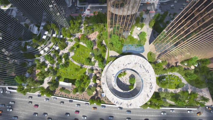 An aerial image of proposed Freedom Plaza development. 