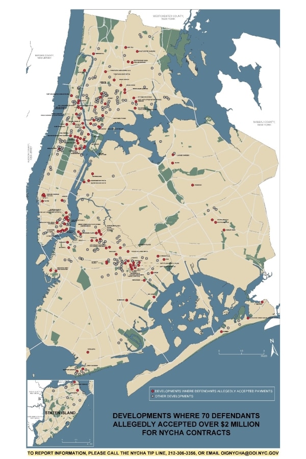 A map of the NYCHA developments where employees took kickbacks in exchange for contracts.