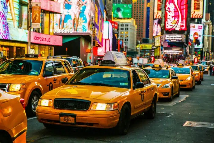 Taxi cabs in Times Square, congestion pricing
