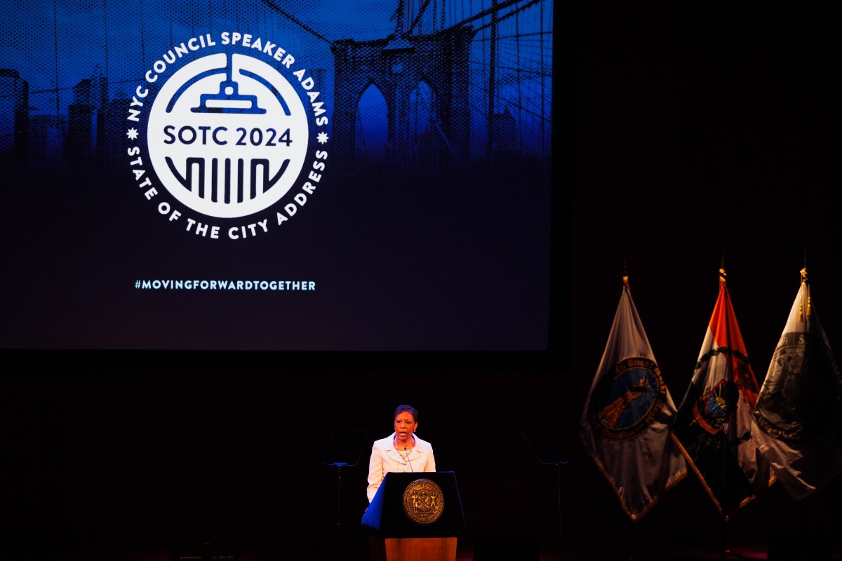 City Council Speaker Adrienne Adams speaks during her state of the city speech at Brooklyn Academy of Music