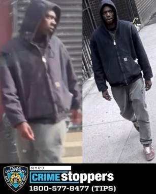 man wearing black sweatshirt and gray sweatpants wanted for groping women in Manhattan on the West Side.