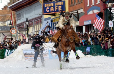 A skijoring team competes in Leadville, Colo., on Saturday, March 2, 2024.