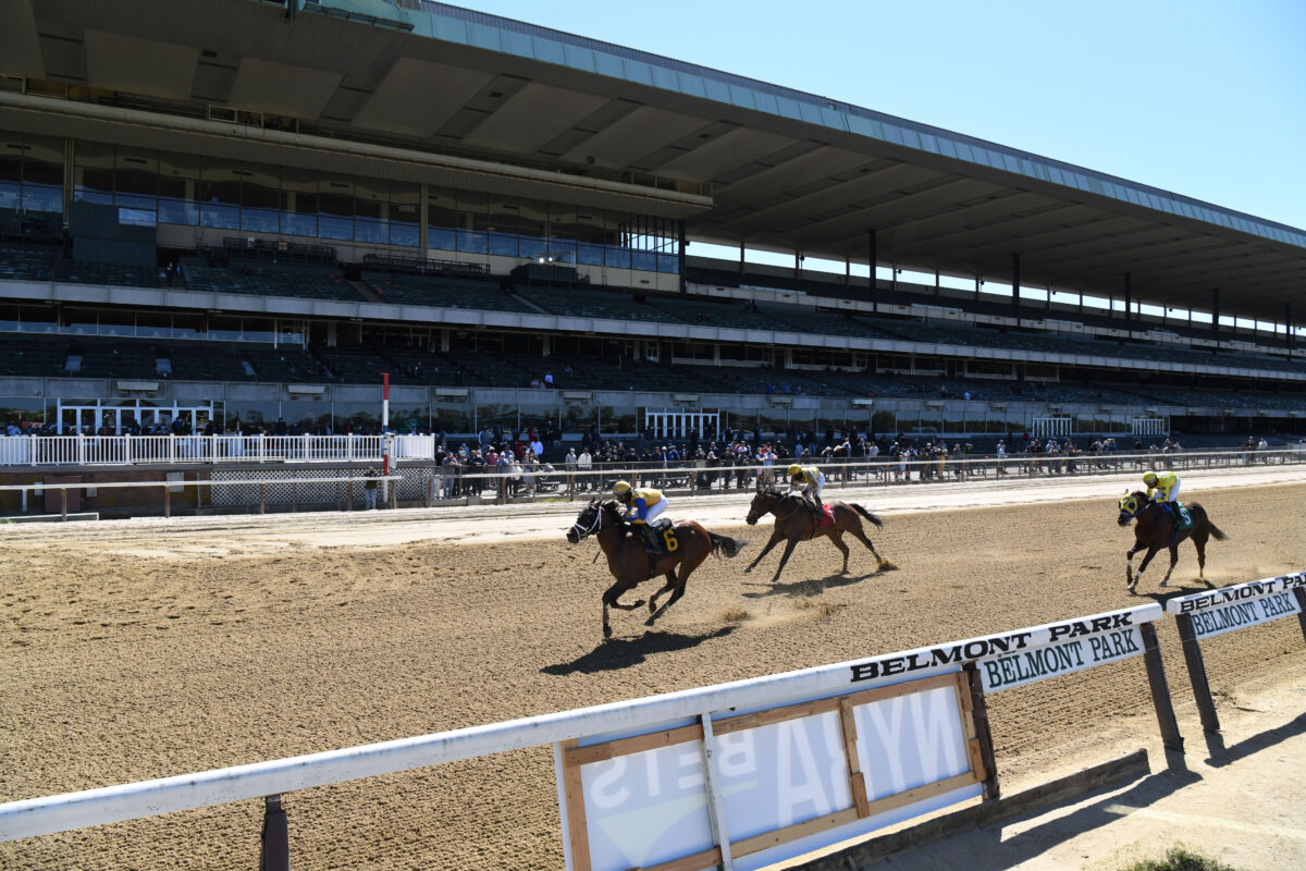 Horses run past old Belmont Park grandstand