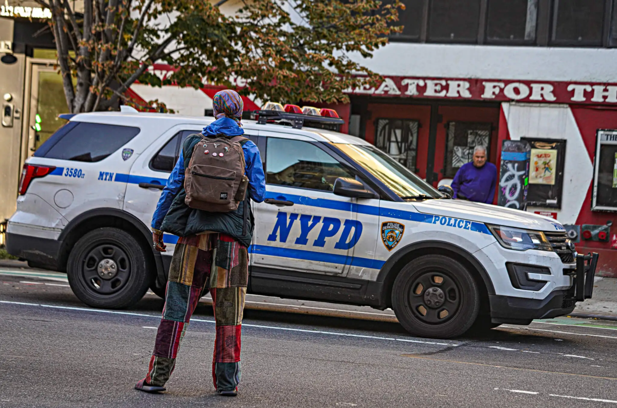 Person looks at cops in NYPD car