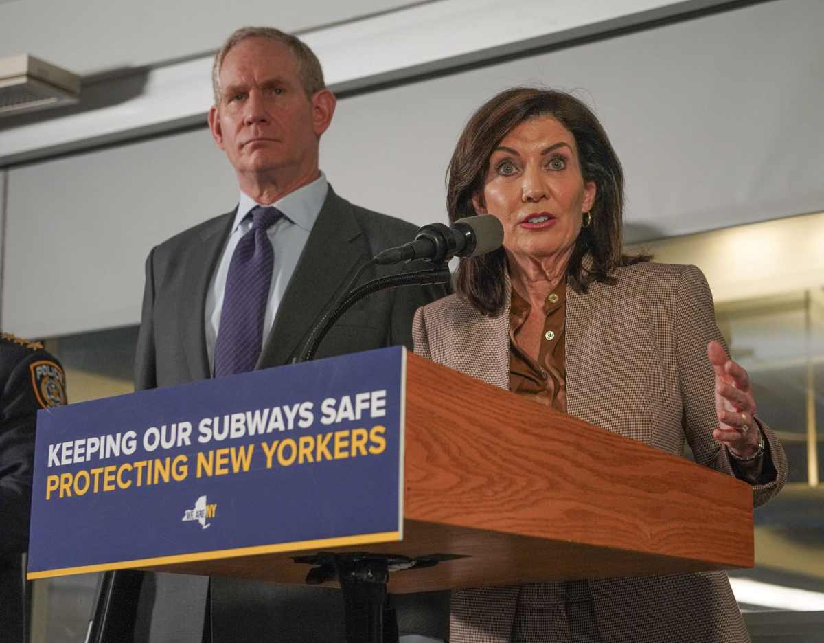 Governor Kathy Hochul with MTA Chair Janno Lieber announcing surge of national guard officers into subway system