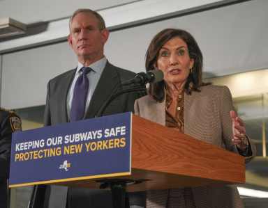 Governor Kathy Hochul with MTA Chair Janno Lieber announcing surge of national guard officers into subway system