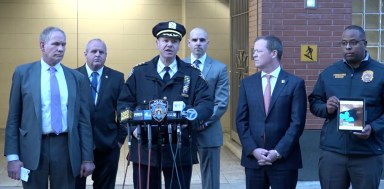 Chief Michael Kemper, MTA Chair and CEO Janno Lieber and other officials at Brooklyn subway shooting press conference