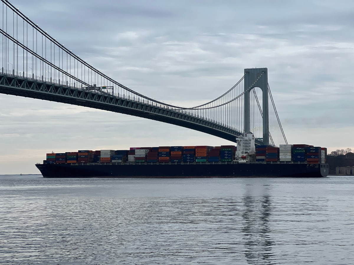 Cargo ship passes Verrazzano Bridge near Port of NY