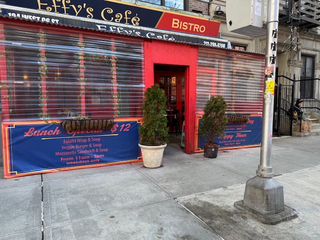 Effy's Cafe during the day after New Yorkers removed graffiti that was on its storefront and on the front sidewalk