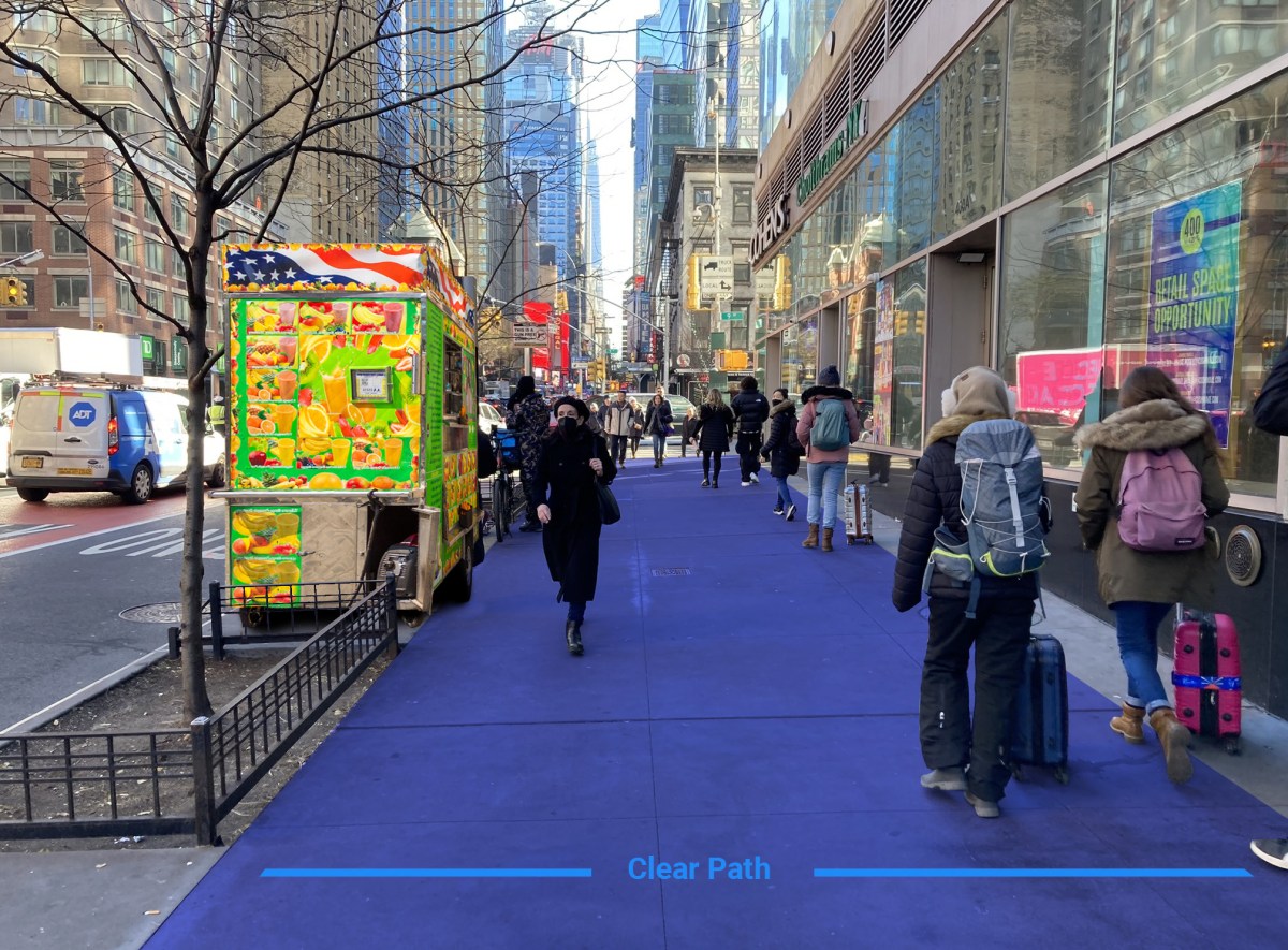 graphic of NYC street in the daytime with a street vendor parked by curb