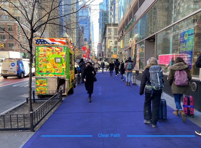 graphic of NYC street in the daytime with a street vendor parked by curb