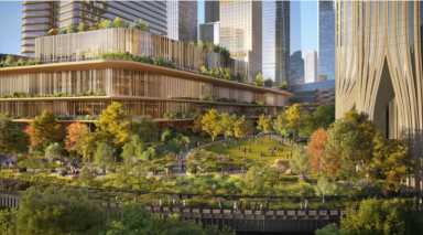 park rendering for casino resort at Hudson Yards. Wynn Resorts announced that it would no longer be seeking a gaming license at the Western Rail Yard development, marking one less casino bid for NYC.