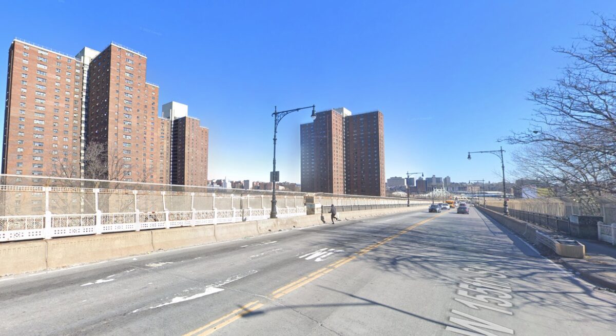 West 155th Street in Harlem, with Polo Grounds towers in distance